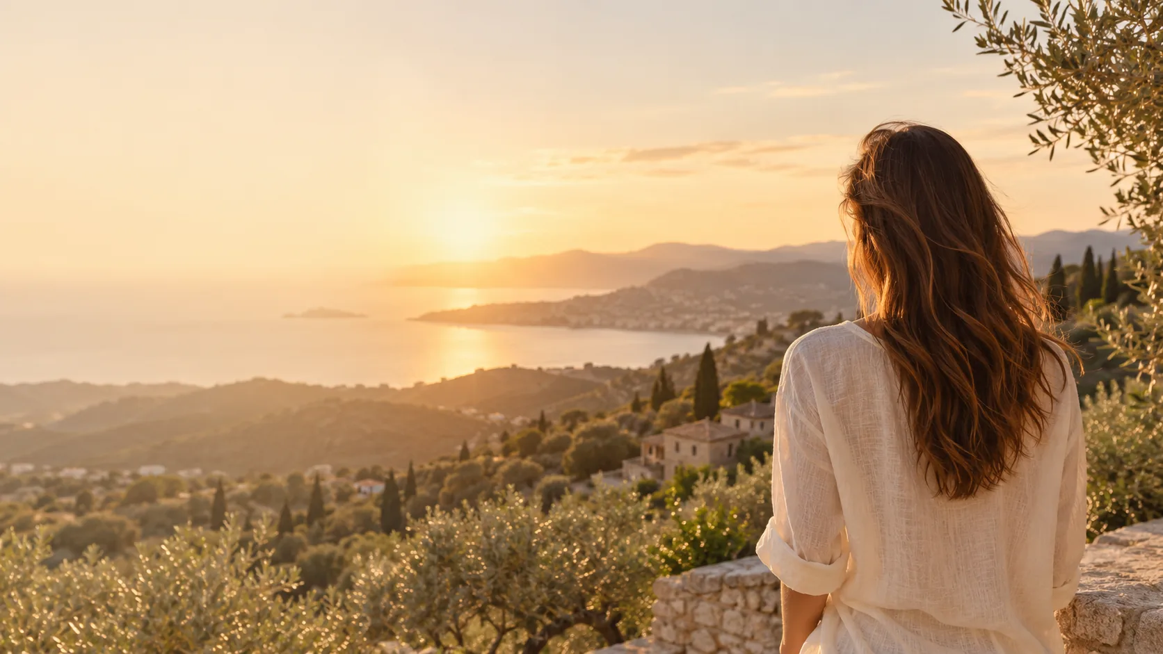 Femme face au coucher du soleil